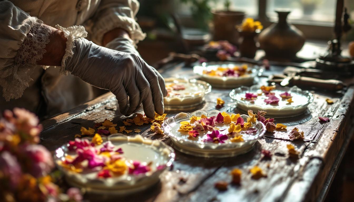 Antique perfumer’s table showing thin glass plates spread with creamy fat, with fresh flowers pressed carefully on top. A gloved artisan hand arranges petals. Sunlight through a window. Old-fashioned tools visible.
