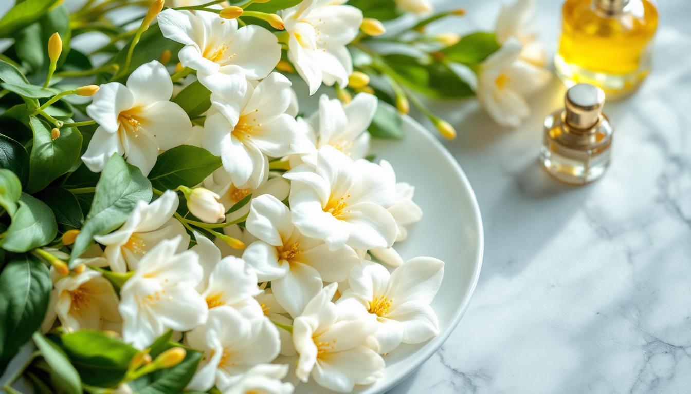 A close-up of fresh jasmine and tuberose flowers lying on white glass plates, next to antique perfume bottles. Soft natural light.
