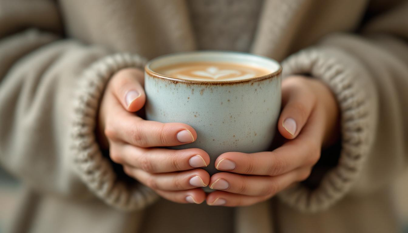 A close-up of gentle hands holding a cool ceramic mug, symbolizing a simple grounding moment, with soft natural light, no faces, warm tones.