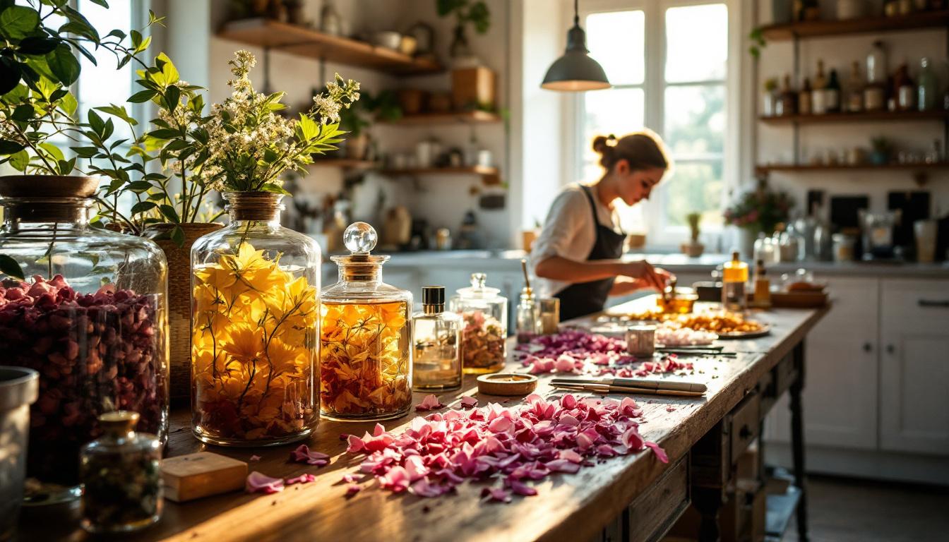 Modern artisan perfume studio, with glass jars containing flower-infused fat, specialized tools on wooden tables, and a perfumer at work arranging petals in Grasse, France, sunlight streaming in.