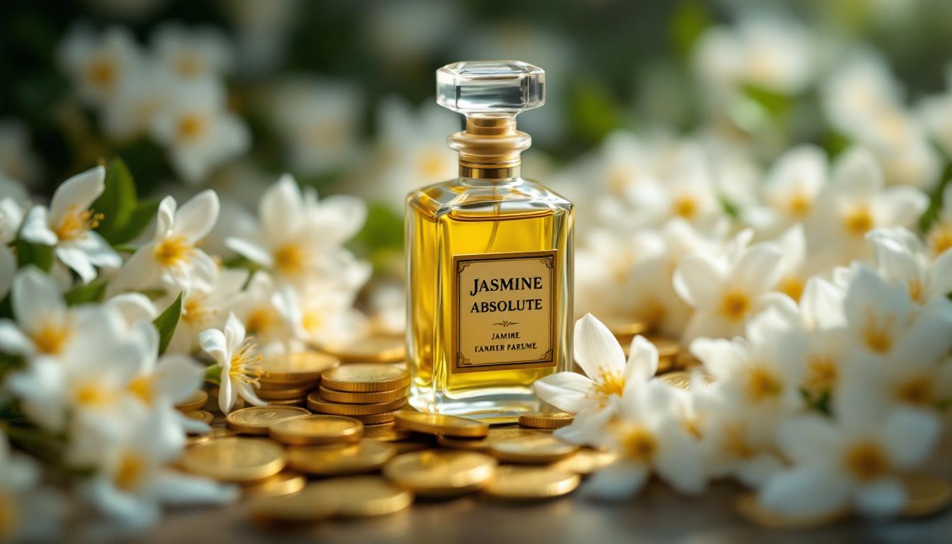 A small vintage glass perfume bottle labeled “Jasmine Absolute” surrounded by thousands of white jasmine flowers, with gold coins scattered around to show its value. Rich, elegant lighting.