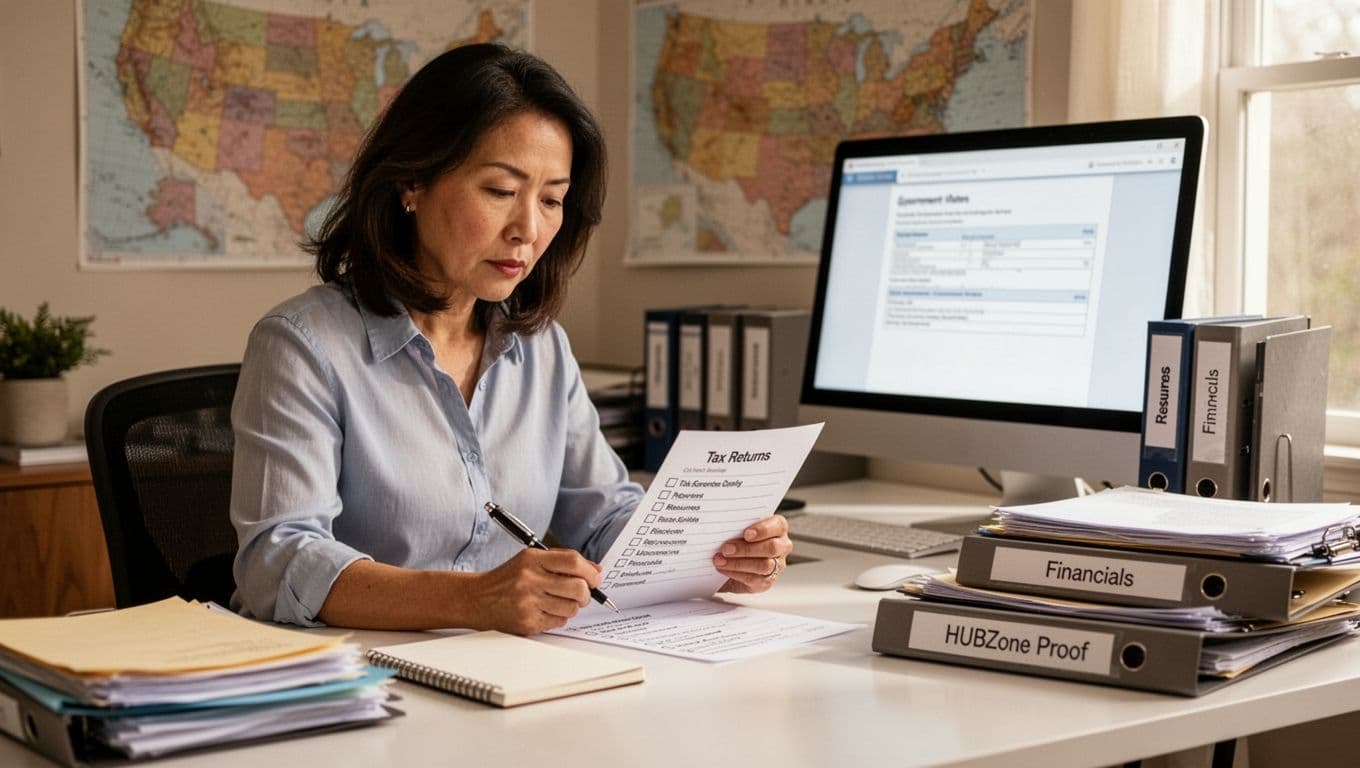 A determined Asian American woman in her 40s reviews a checklist at a clean home office desk with organized folders for tax returns, resumes, financials, and HUBZone proof. Soft natural light highlights her focus, with a blurred computer screen showing a government form and a US map on the wall.