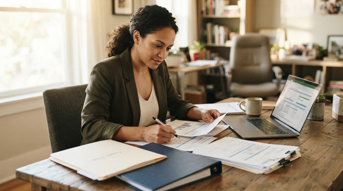A business owner organizes certification papers and folders beside a laptop at a sunlit office desk.