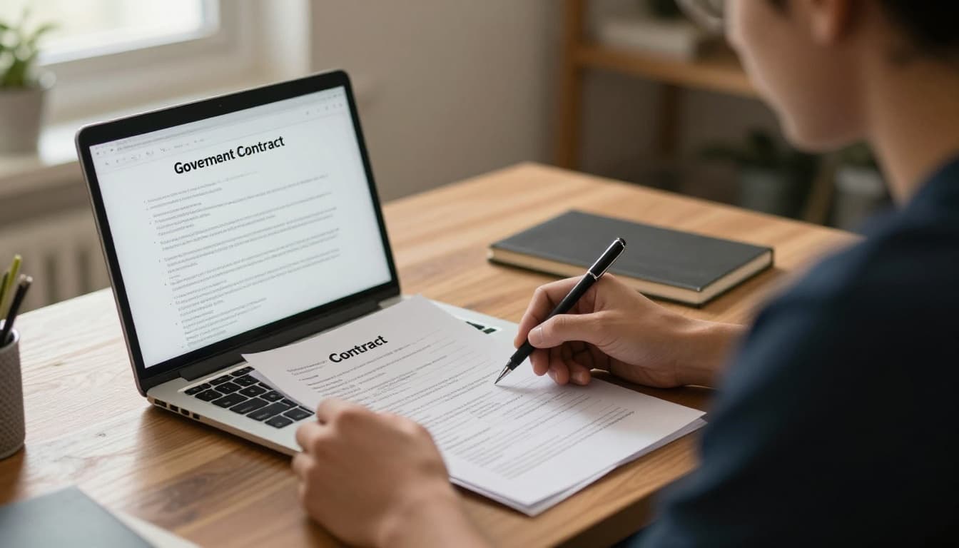 A business owner at a desk with laptop and papers reviews government contract forms in a cozy home office with warm afternoon light, photorealistic style.