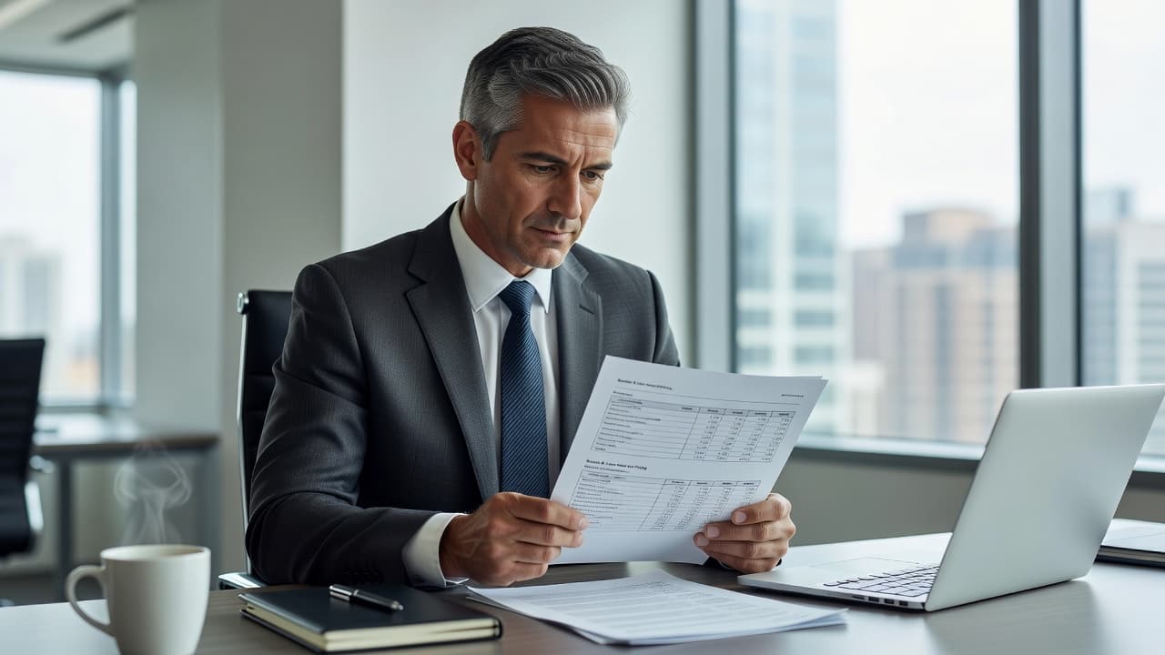 A business professional sits at an organized desk, intently studying a printed document featuring complex financial tables. Soft natural light illuminates the clean, modern office setting during their focused work session.