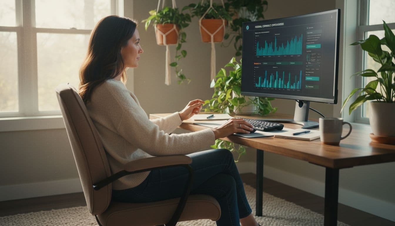 A business professional woman in her 30s works relaxed at her cozy home office, browsing government contract search platforms on a desktop computer with abstract results visible. Photorealistic lifestyle photo in soft natural light with plants, exactly one person.