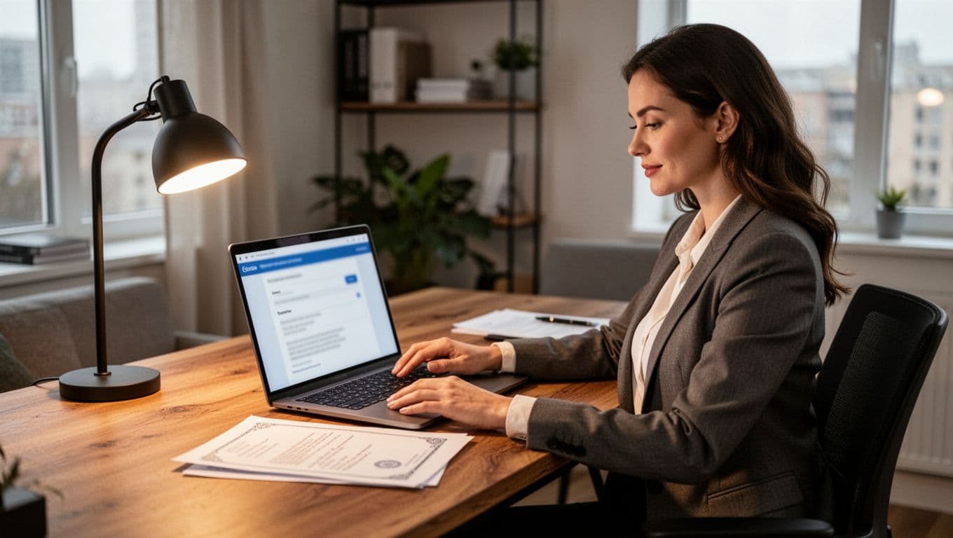 A businesswoman in a contemporary home office sits relaxed and focused at a wooden desk, typing documents for certification on a laptop with a blurred online application form, one hand on keyboard and the other on mouse, lit by warm desk lamp and window light.