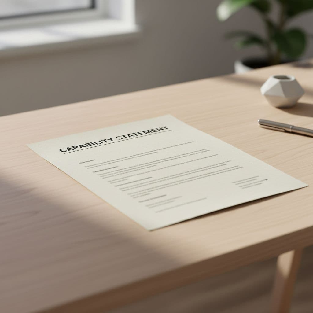 Close-up of 'Capability Statement' document on clean modern wooden desk with natural daylight.