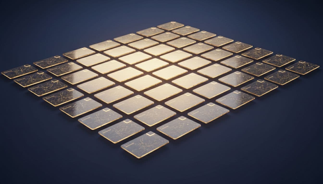 Rows of glowing, semi-transparent glass cards hover in a symmetrical array against a dark background. Soft golden light illuminates the edges of the floating digital files, creating a professional atmosphere.