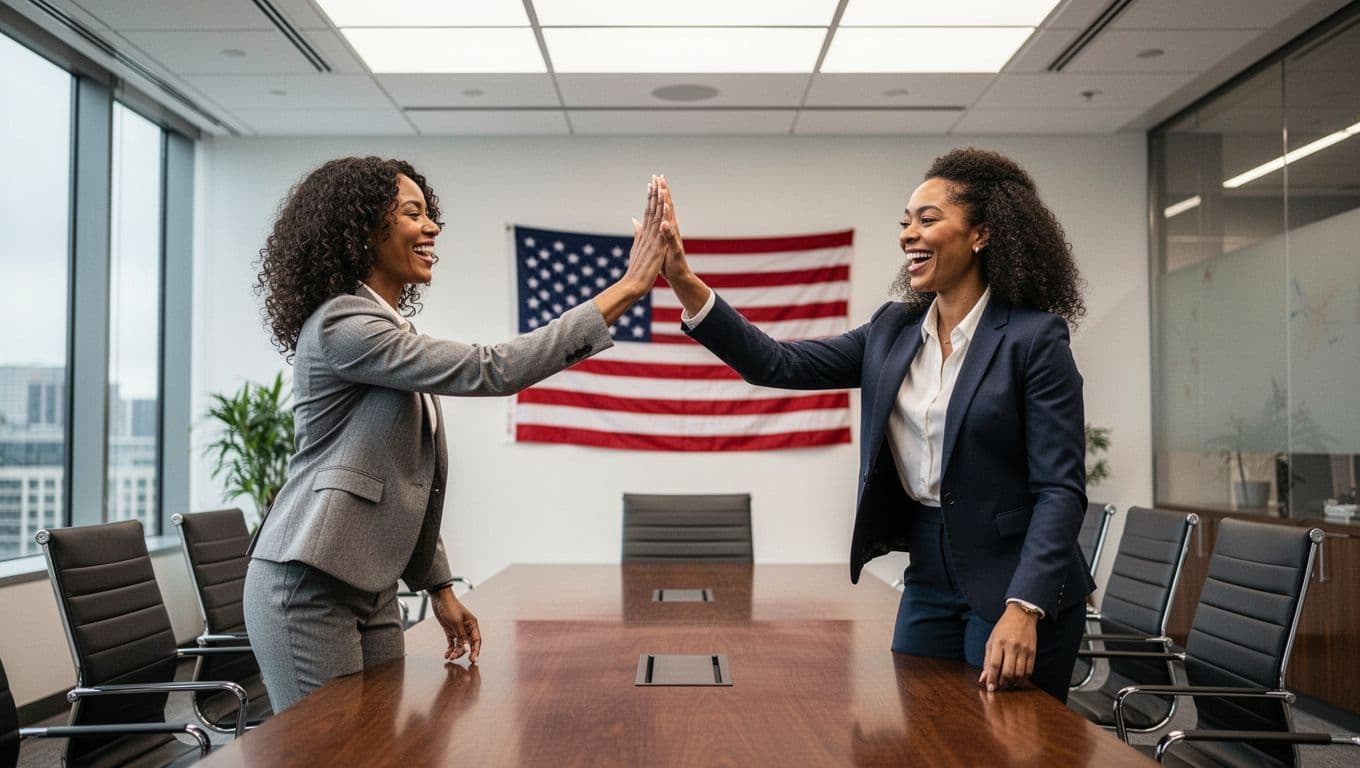 Two diverse professional women high-fiving joyfully in a sleek modern conference room after good news, business casual attire, subtle American flag on wall, bright natural light.