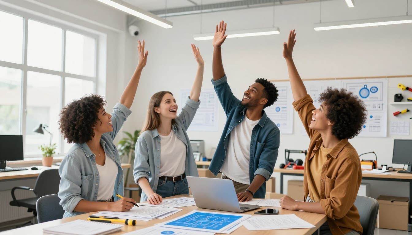A diverse team of exactly four people in a small business workshop high-fives in celebration of a contract win, surrounded by tools and blueprints under bright industrial lighting in a motivational realistic photo.