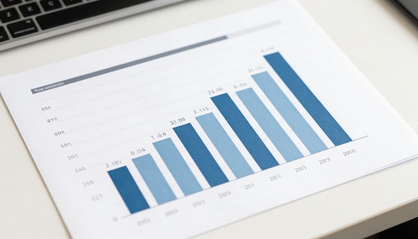 Top-down view of a professional office table with charts and graphs depicting economic data trends for various industries, in a clean modern graphic style with soft shadows, no text, numbers, people, or devices.
