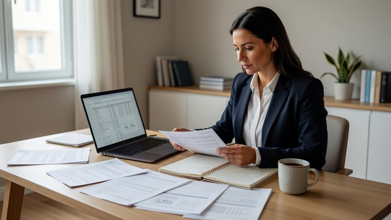 A professional sits at a clean desk analyzing a complex solicitation document on their laptop screen. Multiple printed pages and a handwritten notebook are arranged methodically nearby to assist their evaluation process.