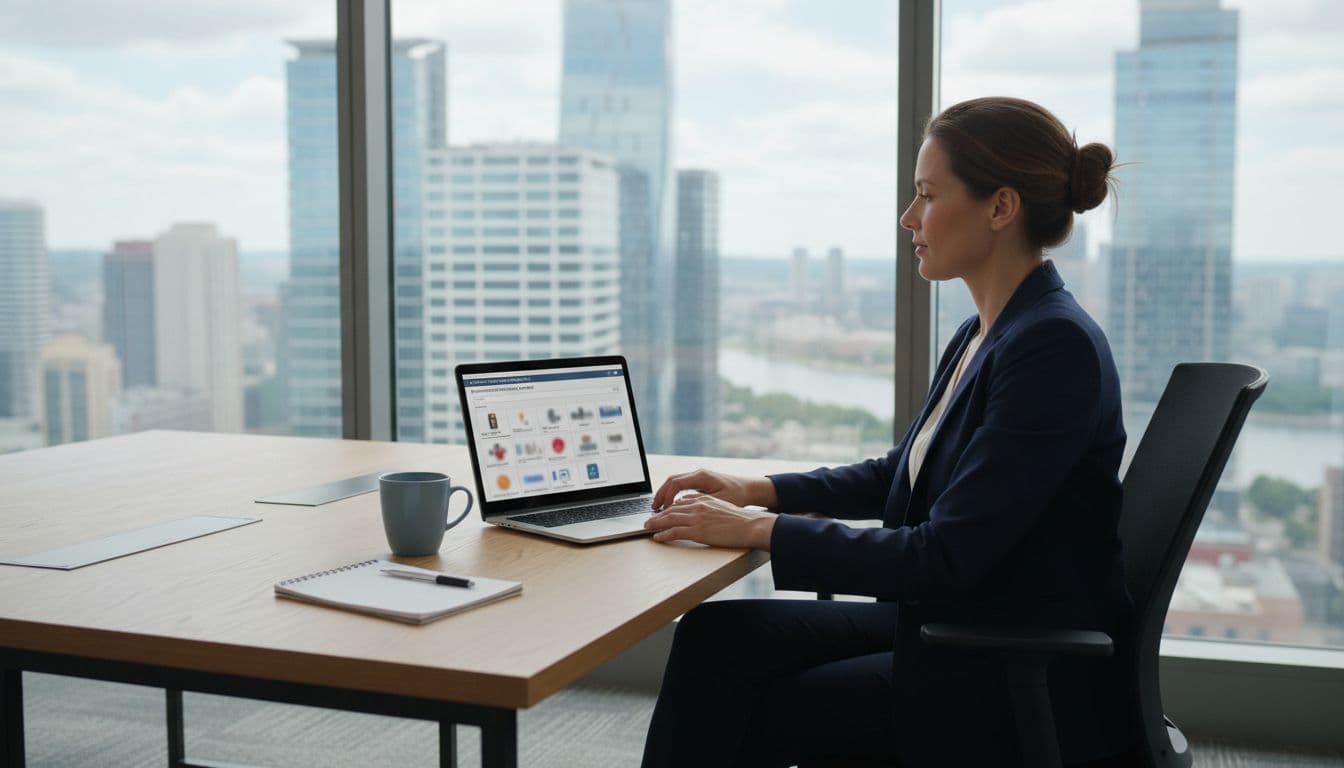 A professional procurement officer sits relaxed at a modern office desk with a laptop open to an online government procurement catalog, coffee mug and notebook nearby, city view through window, bright natural lighting, realistic lifestyle photography.