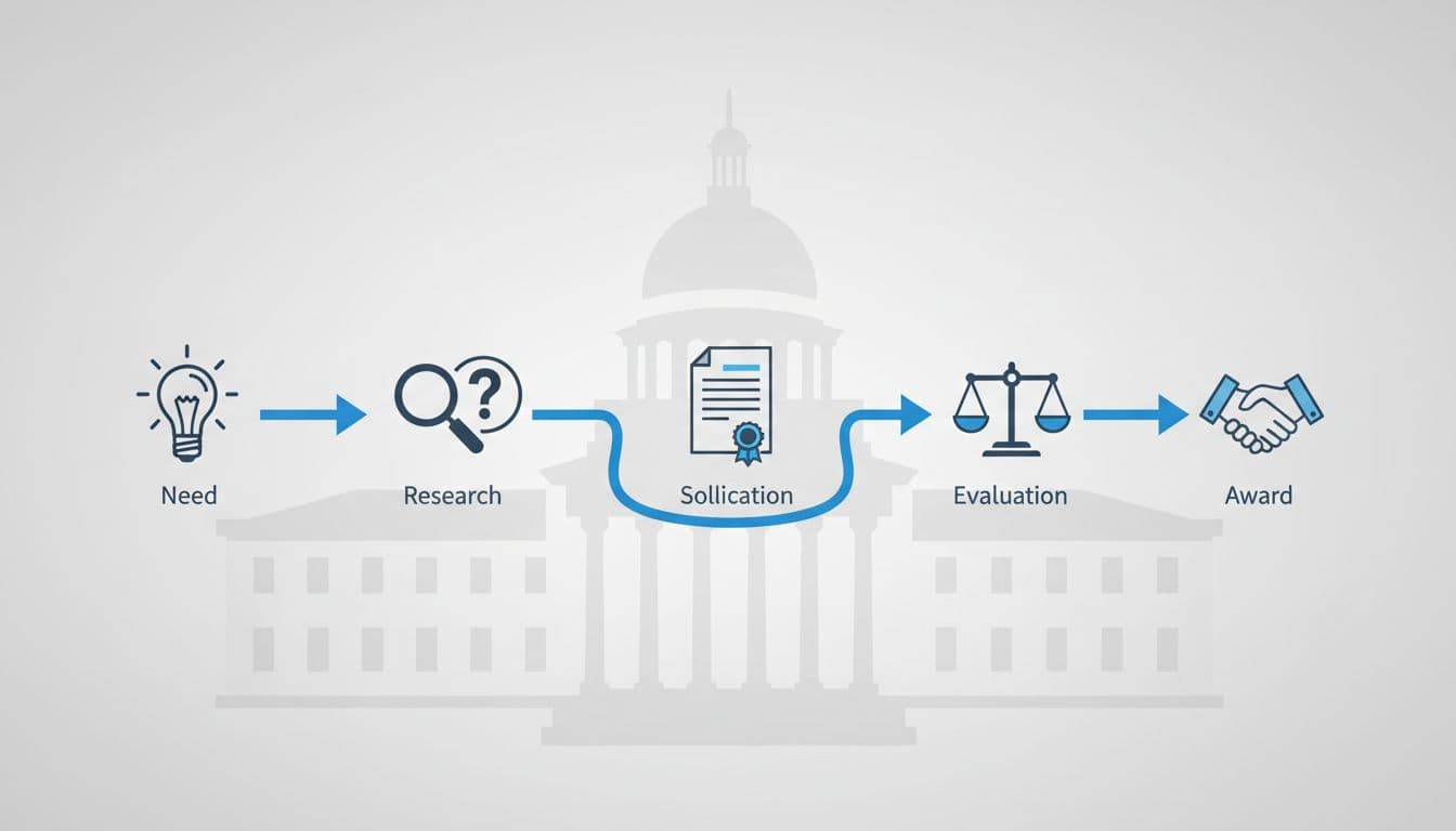 Clean vector flowchart diagram showing five sequential steps of the federal procurement process using icons for need identification, market research, solicitation, evaluation, and award, connected by arrows on a neutral background.