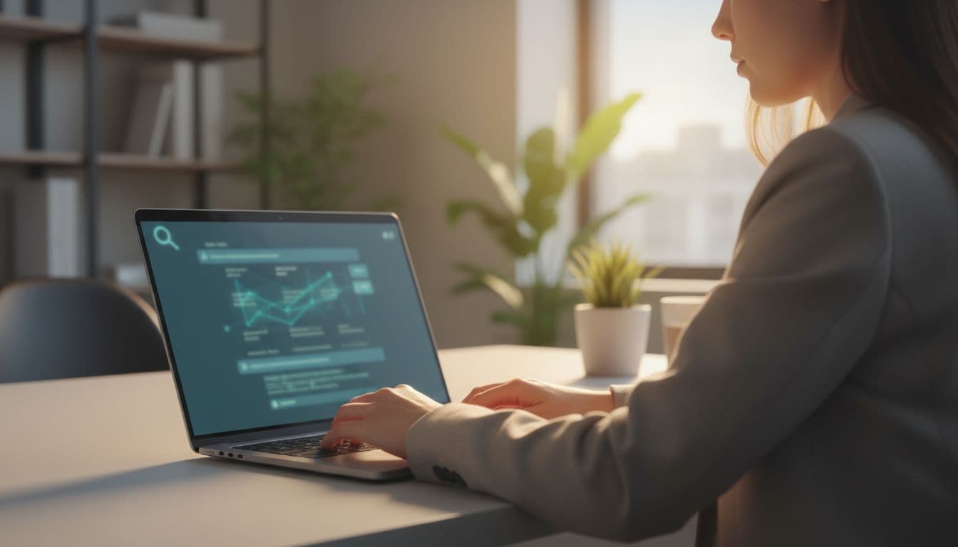 A close-up view shows a person navigating complex data on a laptop screen while working in a warm, professional office setting. Focused hands type as they research federal opportunities online.