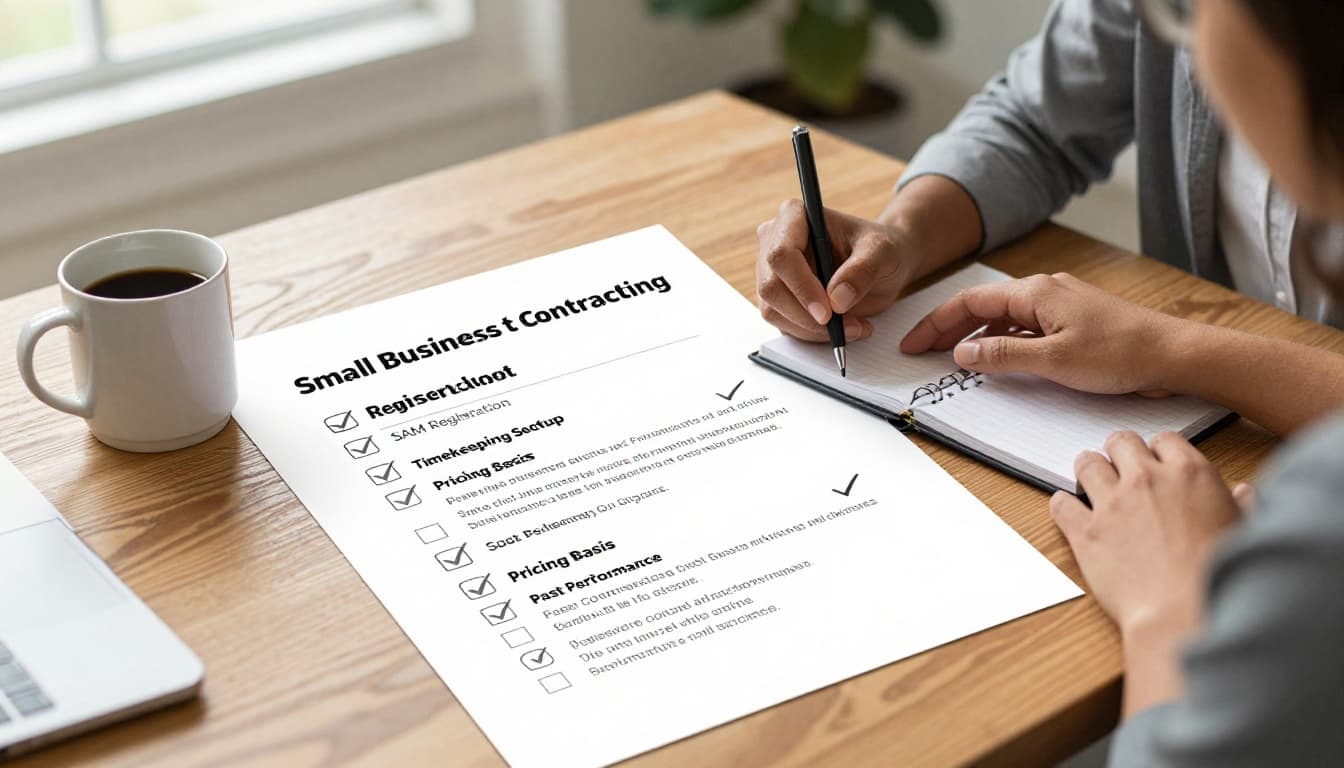Photorealistic scene of a diverse female small business owner thoughtfully reviewing a printed checklist for government contracting readiness, featuring icons for SAM registration, timekeeping, pricing, and past performance, on a wooden office desk beside a coffee mug and notebook in a cozy, naturally lit office.