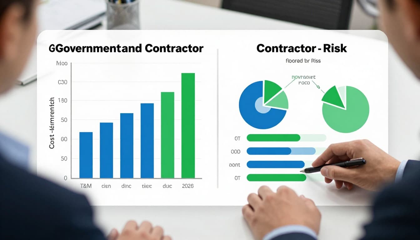 Infographic chart depicting risk split between government (high in cost-reimbursement and T&M, low in fixed-price) and contractors (opposite) using blue and green bar or pie charts, placed on a modern office desk with a single business professional reviewing it under soft lighting.
