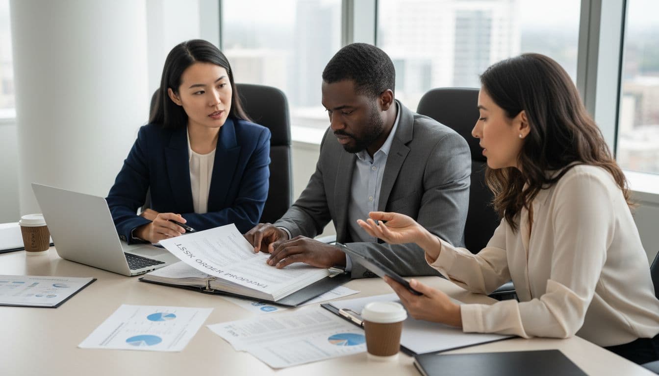 A diverse team of three government contractors in a modern conference room reviews documents and laptops during a focused task order bidding session under natural daylight.