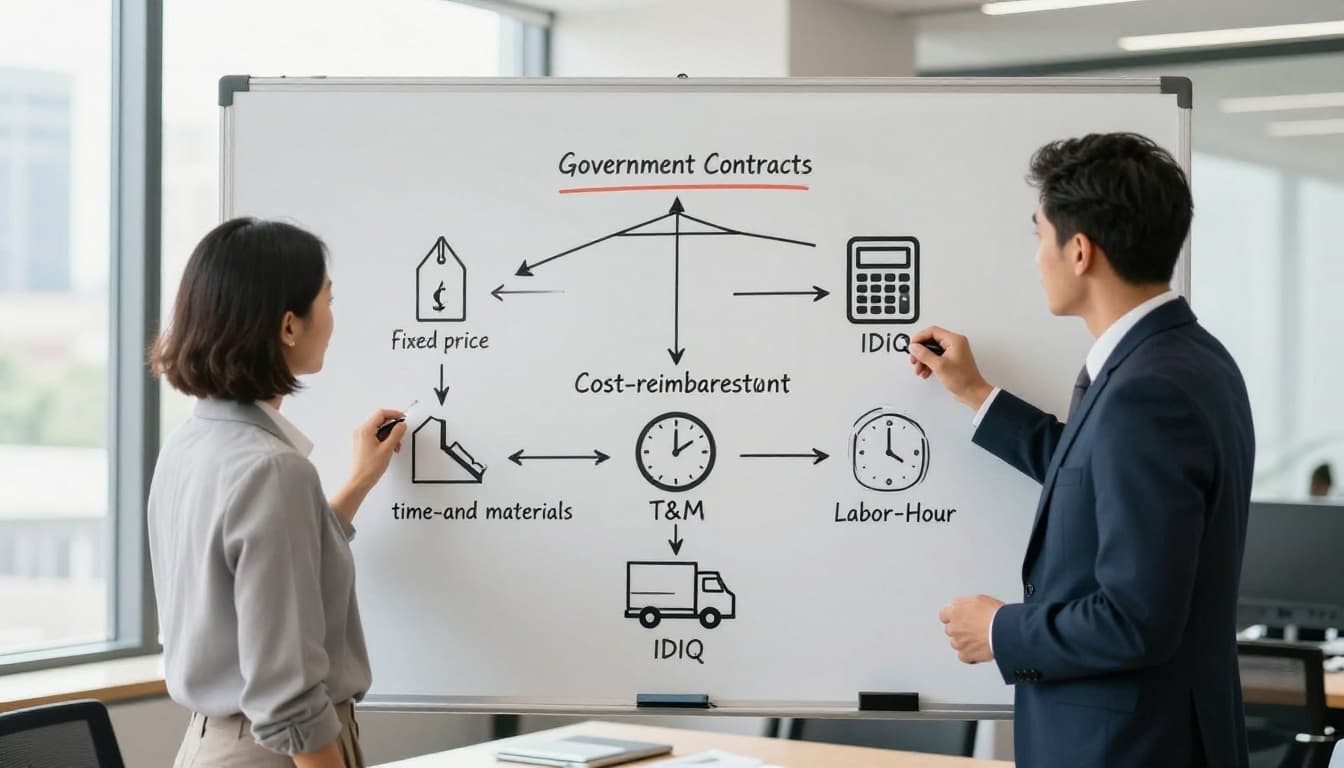Visual diagram on a whiteboard categorizing main government contract types: fixed-price, cost-reimbursement, time-and-materials/labor-hour, and IDIQ with icons, in a bright professional office conference room with two diverse business professionals discussing it.