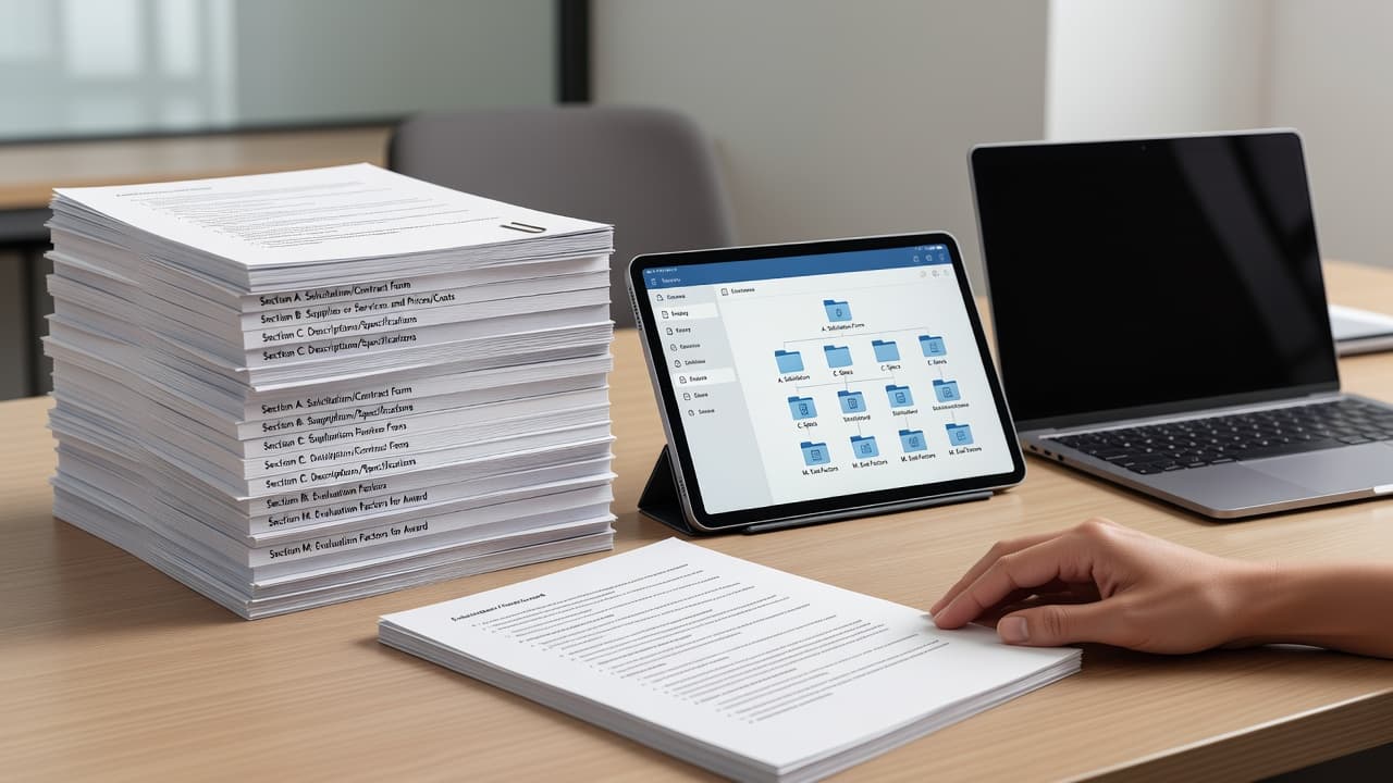 A person's hand rests near a neatly stacked pile of government solicitation documents on a clean desk. A tablet screen displays organized file folders, highlighting structured administrative project management and clarity.