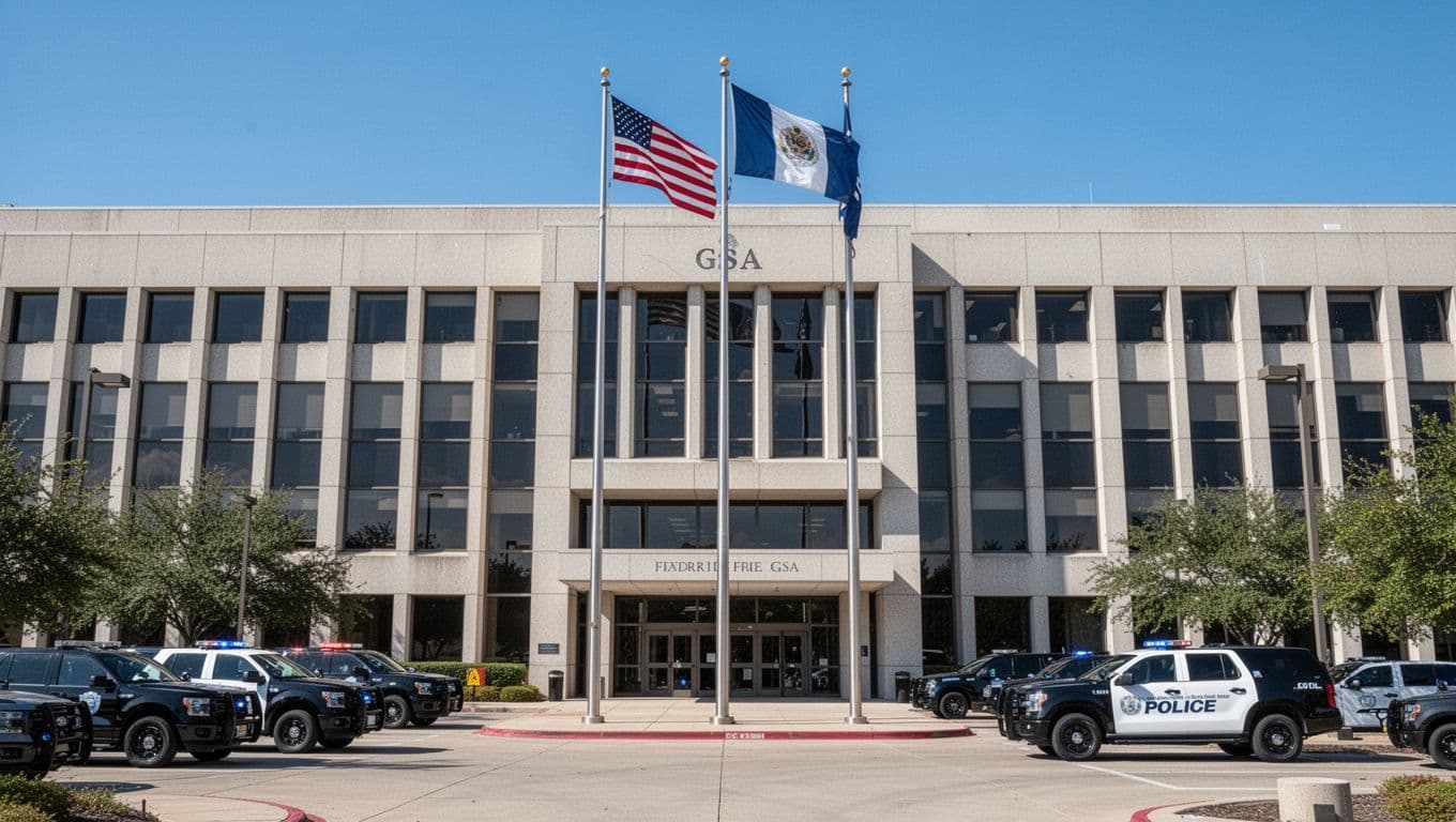 Wide-angle professional photo of GSA federal building exterior with American flag, parked government vehicles, and clear blue sky, focusing on the entrance with no people or readable text.