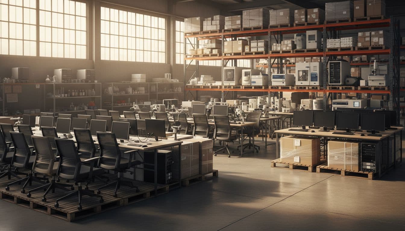 Diverse commercial products including office chairs, computers, and lab equipment on shelves in an empty government warehouse with natural light from windows. Realistic industrial photography, no people, text, labels, logos, or watermarks.