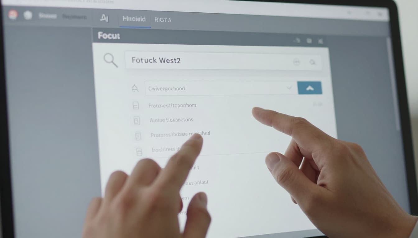 Close-up of hands lightly typing keywords into an industry classification search tool on a computer screen in a modern office, with blurred screen and natural lighting.