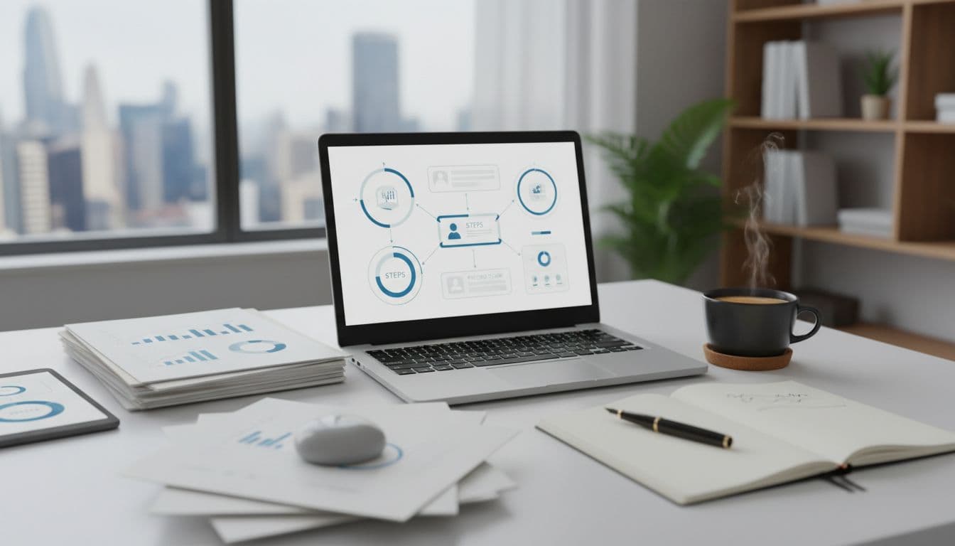 An organized office desk features an open laptop, a stack of formal business documents, and a steaming coffee mug. A metal pen rests nearby on the clean, polished workstation surface.