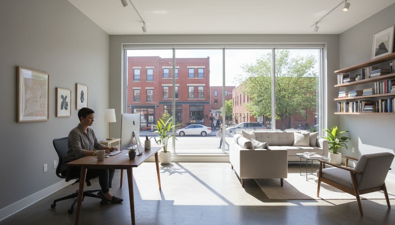 A single professional works at a sleek desk inside a bright sunlit office. Large glass windows reveal a quiet urban neighborhood, emphasizing a productive workspace suitable for a designated hubzone area.