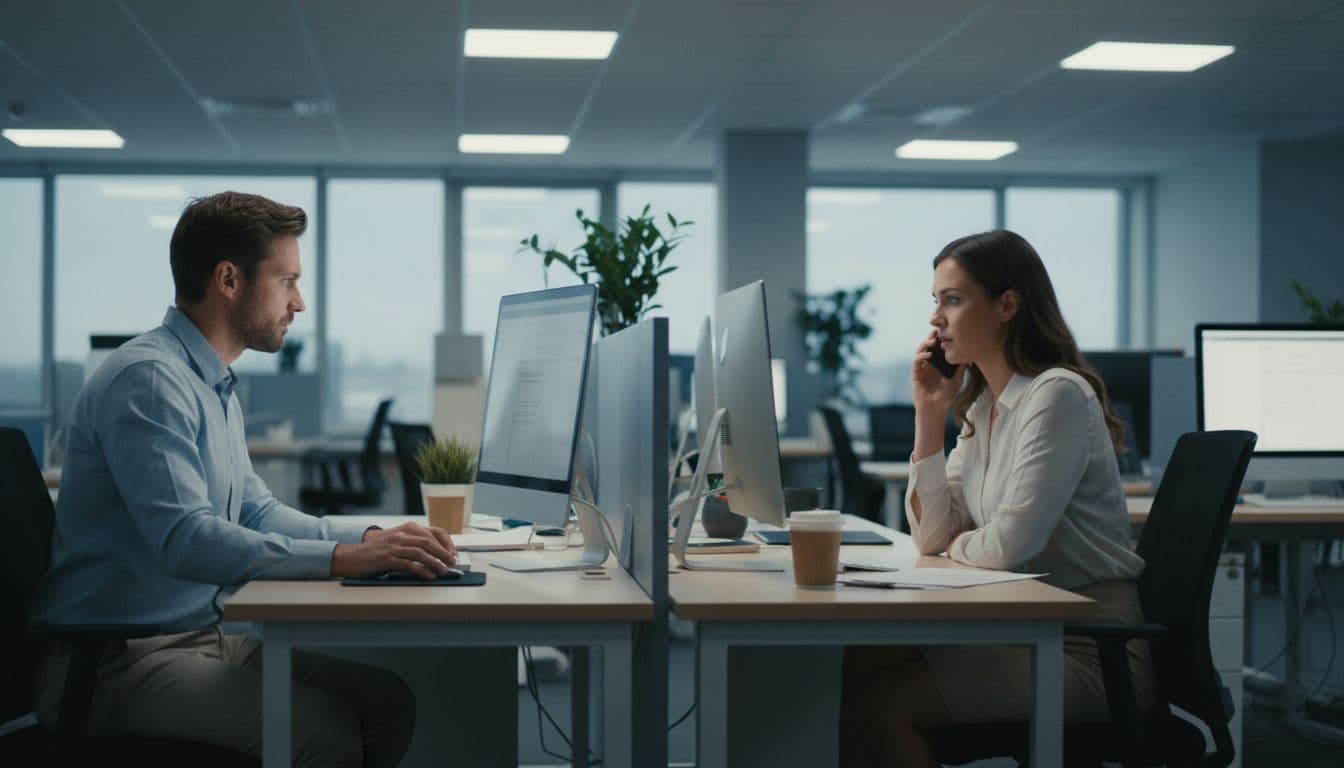 Two government procurement professionals in an open office; one reviews computer screen for bidding opportunities while the other speaks on the phone, illustrating daily competition on IDIQ contracts in a collaborative environment.