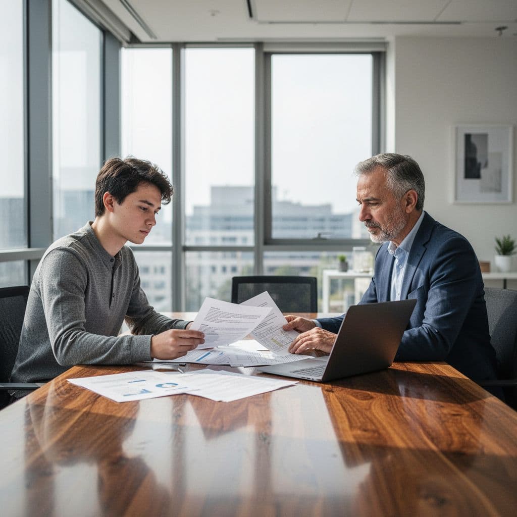 Young entrepreneur and experienced professional review documents at wooden table in sunlit office.