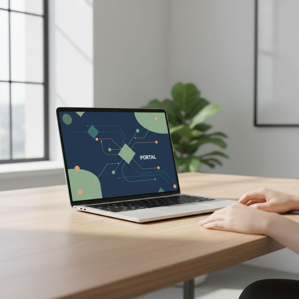 Clean office desk holds modern laptop showing abstract business portal, with hands resting nearby in natural daylight.
