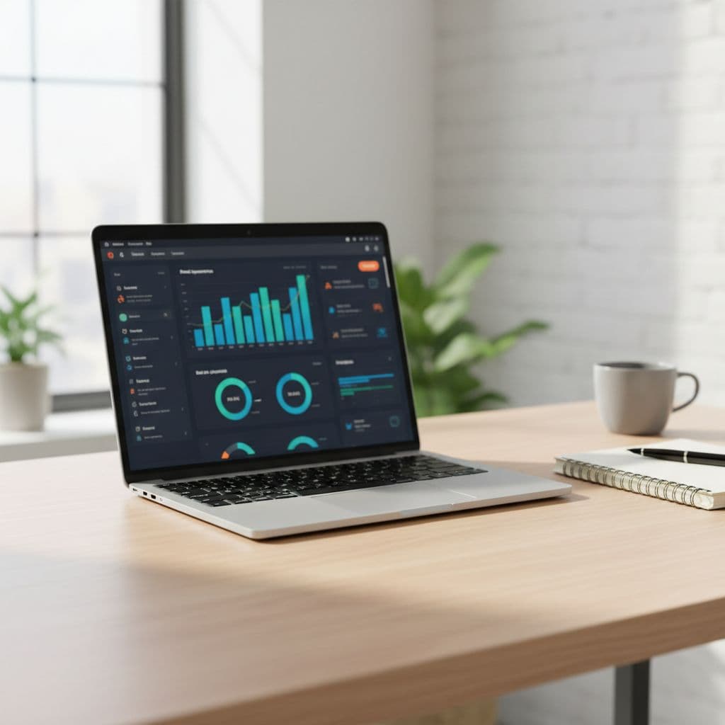Minimalist desk with modern laptop showing blurred opportunities dashboard, notebook, and pen in natural sunlight.