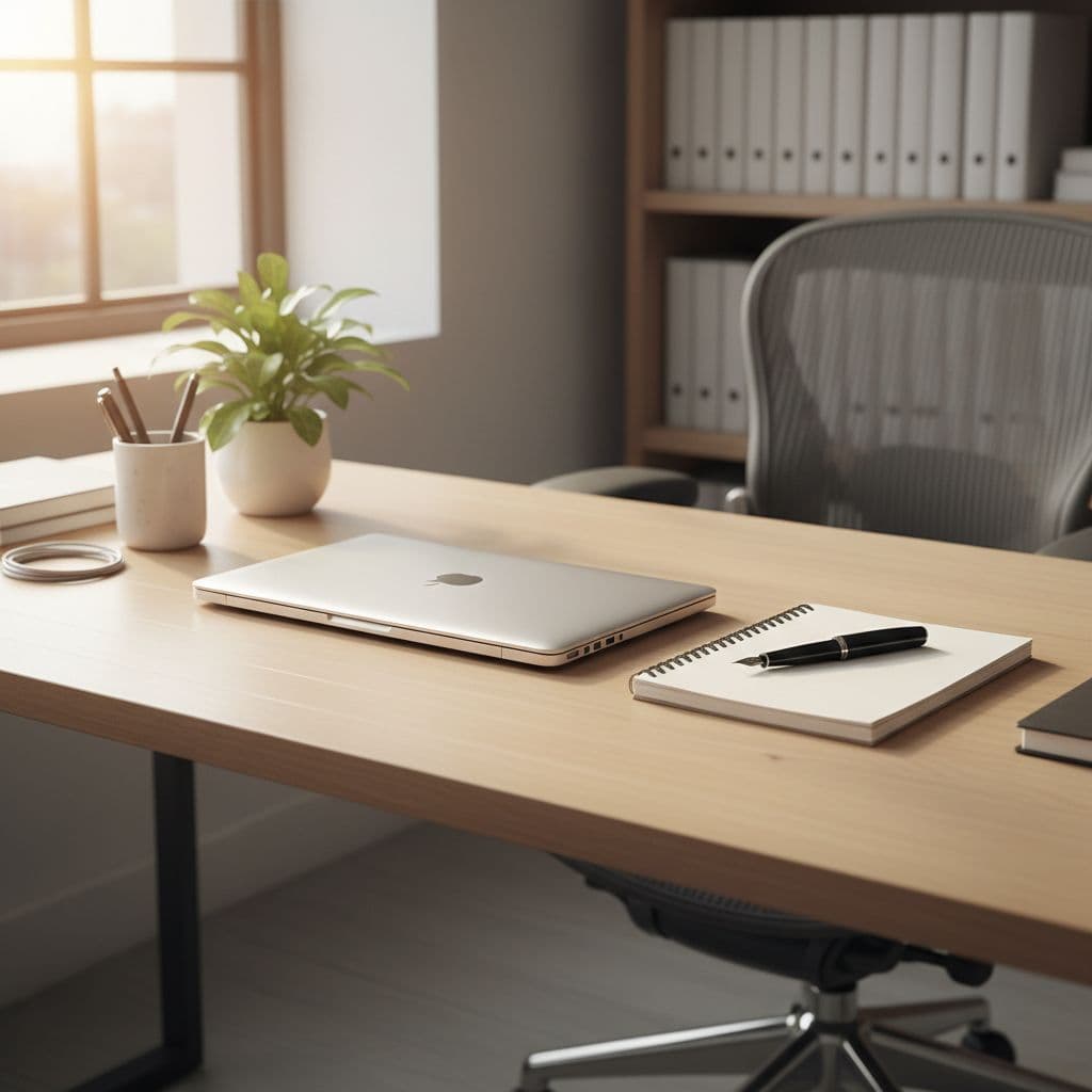 Clean desk in sunlit home office with notebook, pen, and closed laptop.
