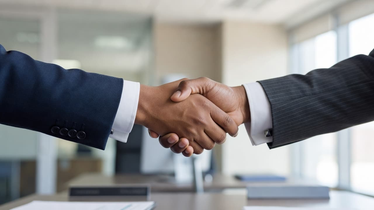 Two individuals in formal navy suits perform a firm handshake in a sunlit modern office. The shallow depth of field focuses on their clasped hands, blurring the glass partitions behind them.
