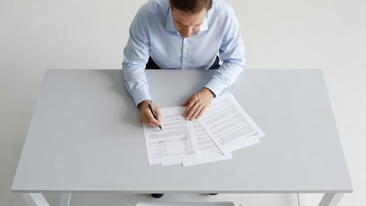 A top-down view shows an office desk where a professional meticulously reviews a multi-page document. Beside the papers lie a marked-up physical checklist and a premium pen ready for annotations.