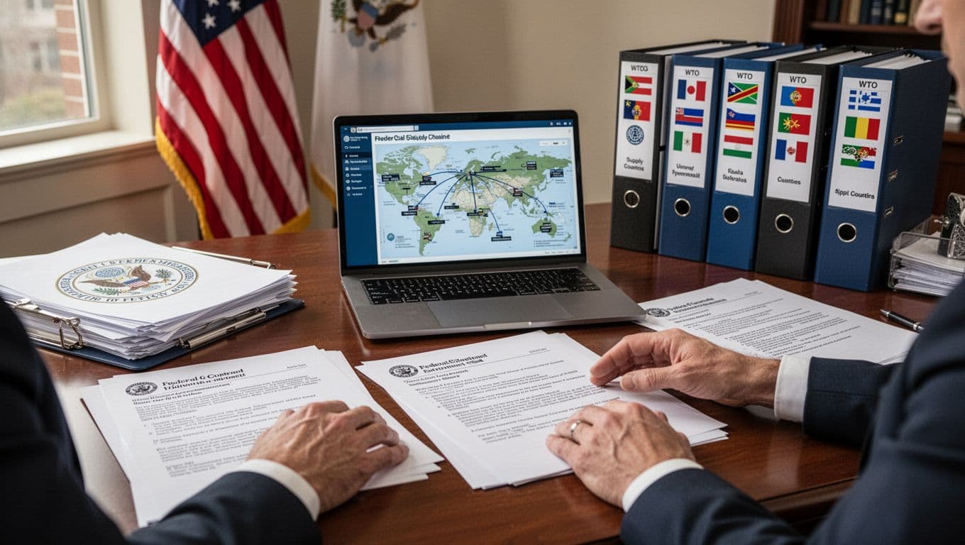 A professional office desk with federal government contract documents, U.S. flag in the background, laptop showing supply chain map, and organized files labeled with WTO country flags, featuring one person's hands reviewing papers under natural daylight.