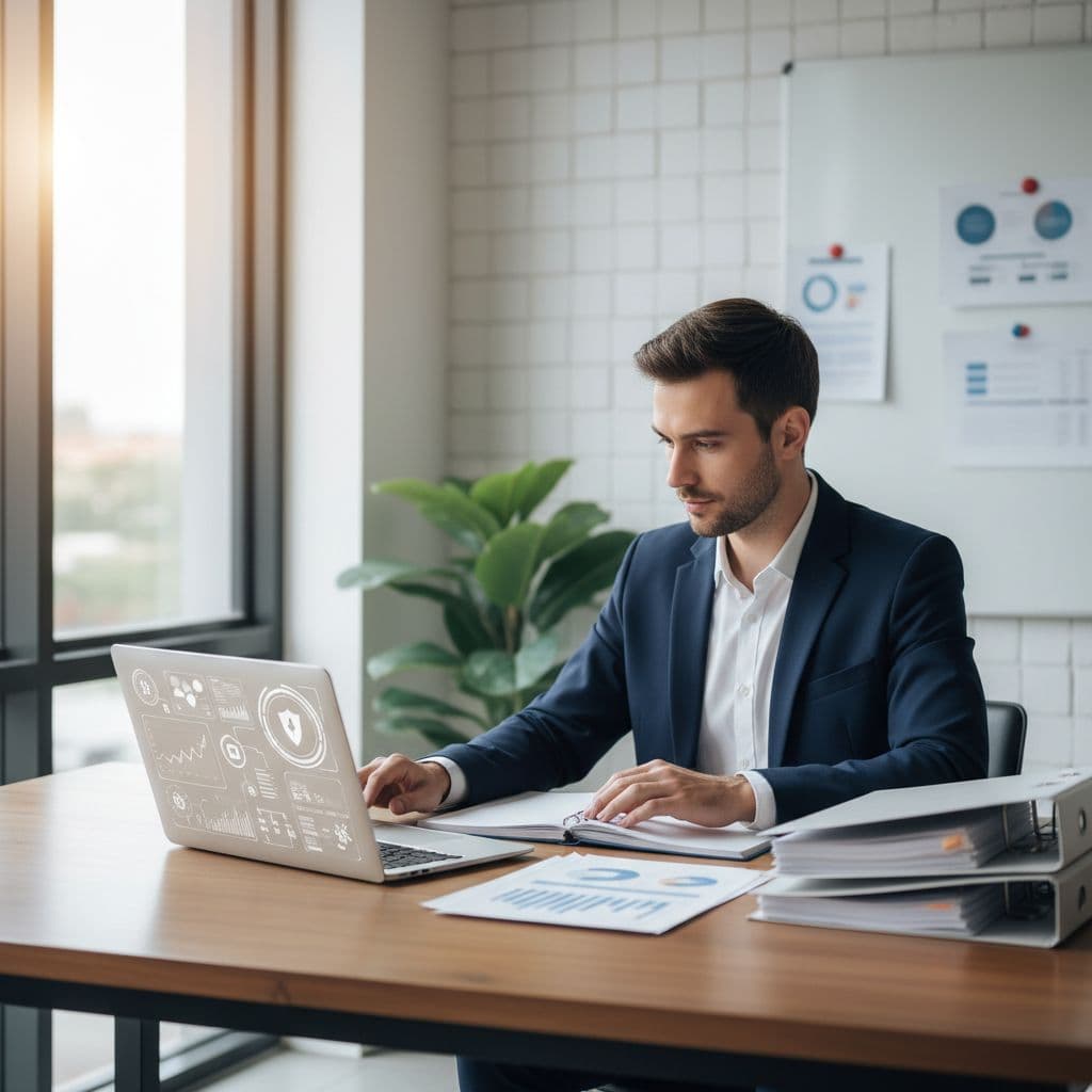 Person in minimalist office reviews physical papers and laptop documents.