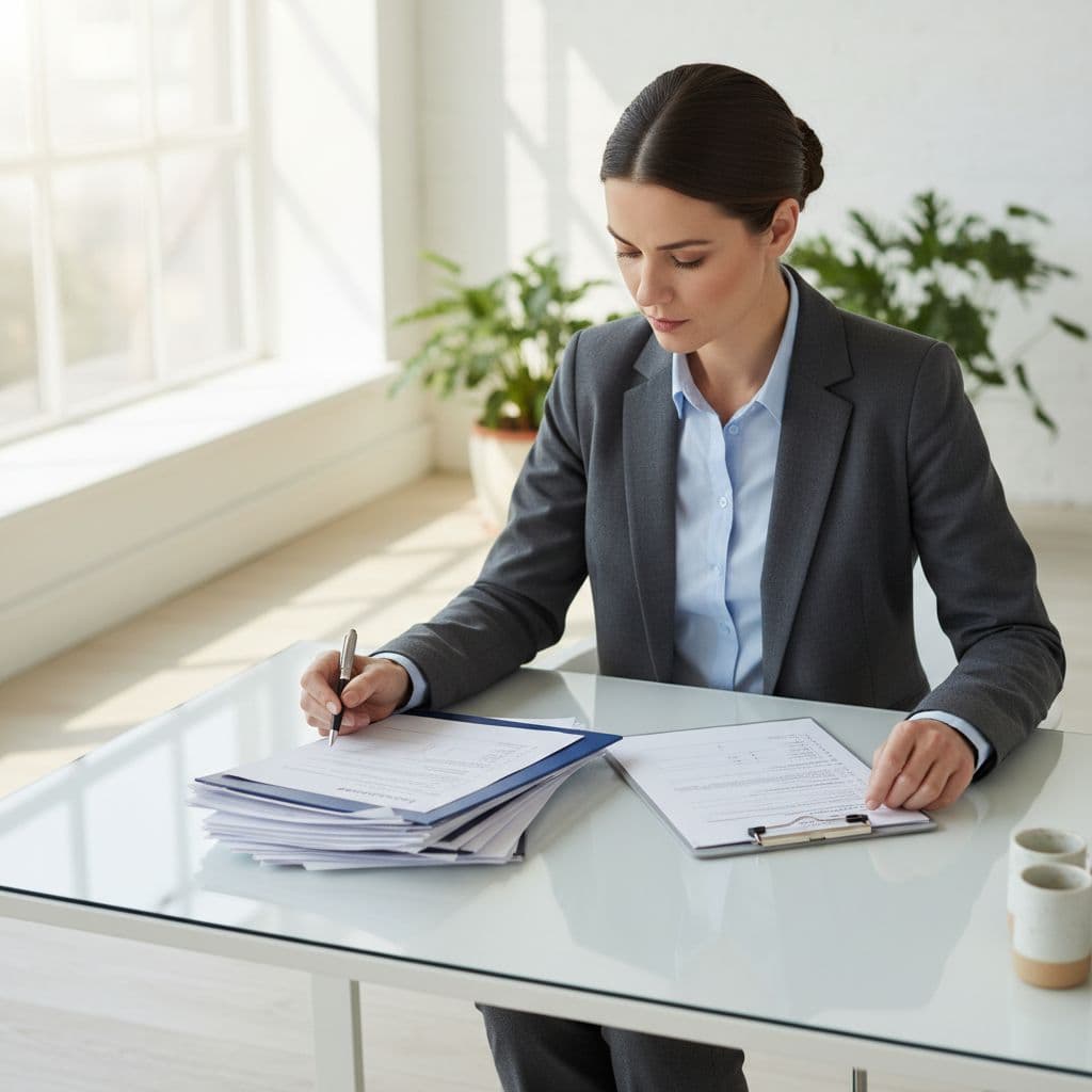 Professional at clean desk in sunlit office organizes thick stack of documents using clipboard checklist.
