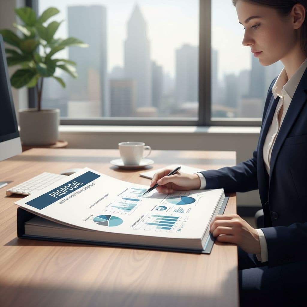 Person in bright office reviews thick proposal document with charts and notes.