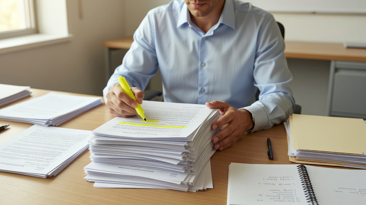 A focused professional marks a thick stack of white papers using a bright yellow highlighter at a clean desk. Organized files and a notepad rest beside the documents in natural light.