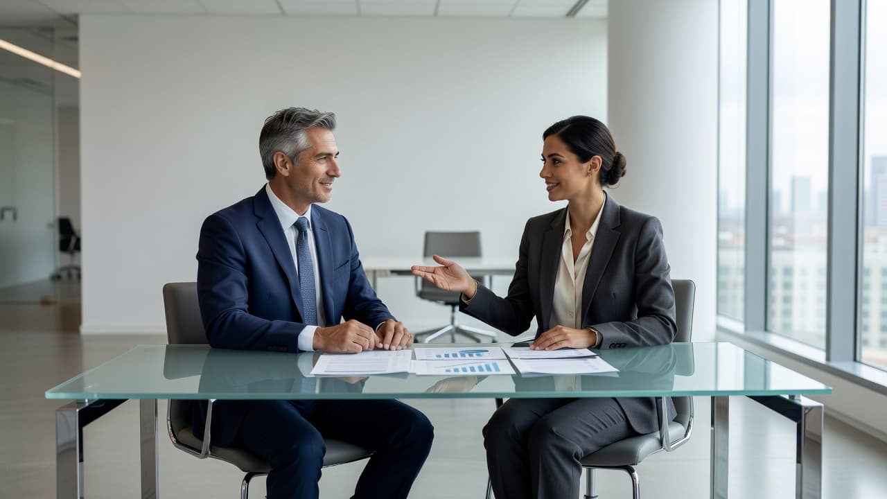Two professionals sit across from each other at a sleek desk in a sunlit office, reviewing business documents together. They are engaged in a collaborative session, emphasizing their mentor-protégé business relationship.