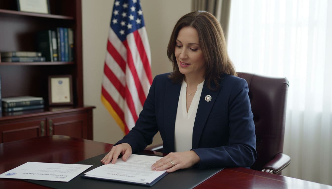 Woman in business attire examines ownership documents and VA disability letter at office desk with American flag behind.