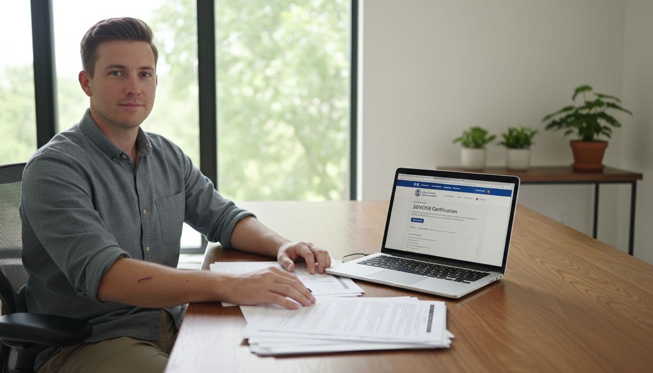 Service-disabled veteran businessman sits at wooden desk in home office reviewing federal contract documents and SBA laptop.