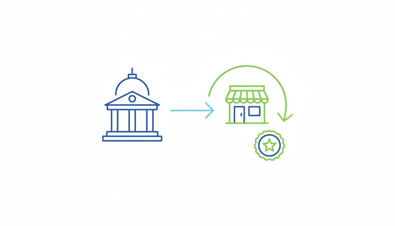 Illustrative diagram of government agency requesting quote from vendor and awarding contract under FAR Part 13, in clean line art style with blue and green colors, minimal vector graphic.