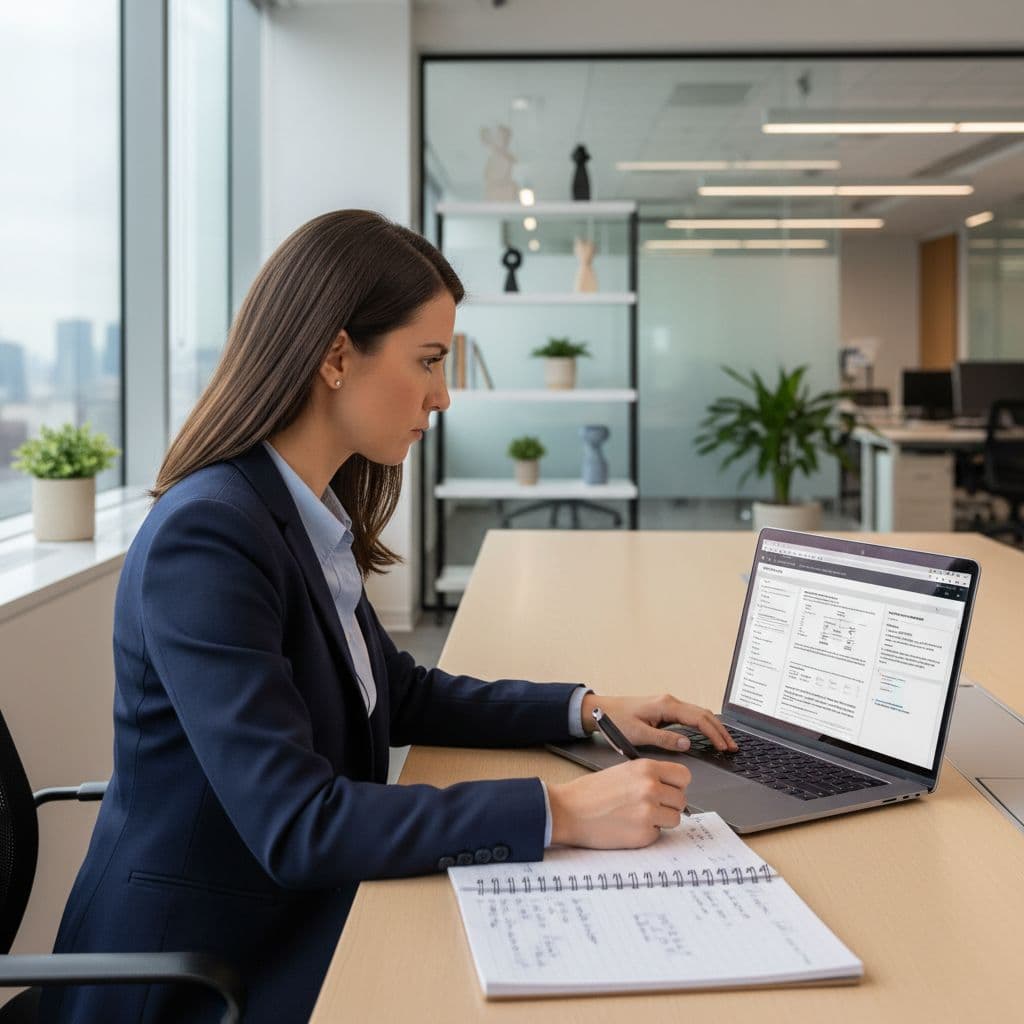 A focused individual sits at a clean desk, carefully reading documents on a laptop screen within a bright office. Soft natural light illuminates the workspace, emphasizing a calm and professional atmosphere.
