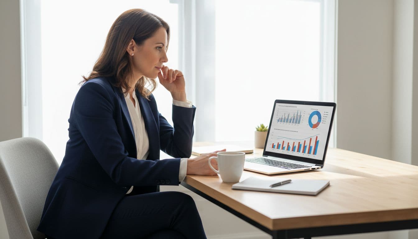 Confident mid-40s small business owner at modern office desk examines charts and graphs of federal government spending on angled laptop screen, professional attire, natural daylight, desk with coffee mug.