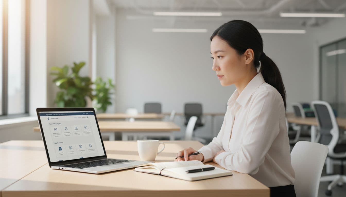 Focused small business owner at tidy desk with laptop and notebook in bright sunlit office.