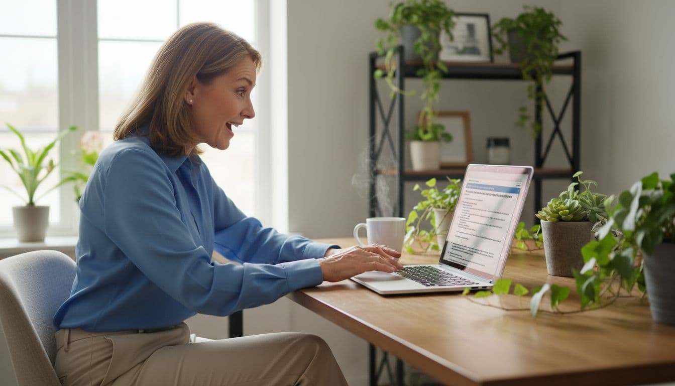 A middle-aged professional small business owner in business casual clothes sits at a desk in a bright home office with plants and a coffee mug, eyes widening in excitement while viewing a government contract notice on an open laptop screen.